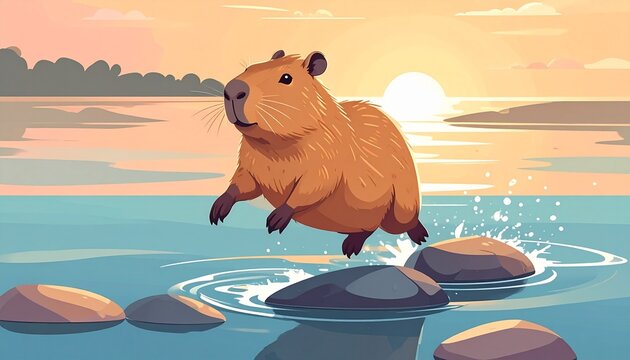 Capybara Sunset Chill and Stone Skipping Action in a Peaceful River Landscape Featuring a Cute Rodent Jumping Across Rocks at Golden Hour