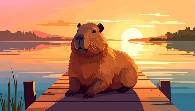 Capybara Sunset Chill on a Wooden Dock by the Lake Featuring a Peaceful Rodent Resting During Golden Hour in a Calm Nature Landscape Setting
