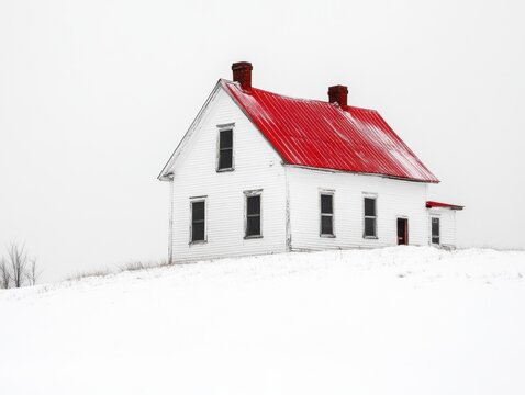 A simple white farmhouse with a red roof stands alone in a vast, empty field of white snow under an overcast, soft grey winter sky.
