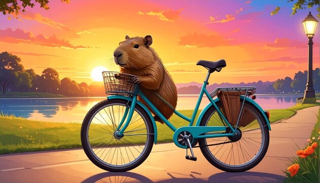 Capybara Sunset Chill on a Vintage Bike by the Lake featuring a Relaxed Animal Riding a Bicycle in a Scenic Park at Golden Hour Atmosphere