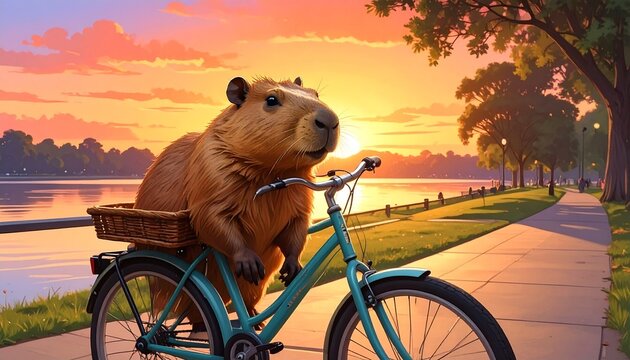 Capybara Sunset Chill on a Vintage Bike Riding Along a Scenic Lake Shoreline During a Warm Golden Hour Summer Evening Atmosphere