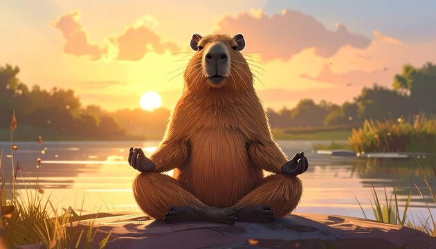 Capybara Sunset Chill Yoga Calm Meditation Sitting by the Riverbank in a Peaceful Golden Hour Landscape for Mindfulness and Zen