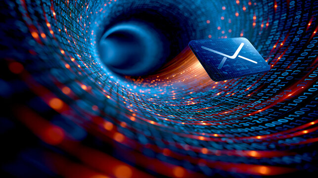 Digital email message icon traveling through global network data transmission tunnel