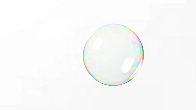 A large bubble floats in the air with rainbow colors shining on its surface.