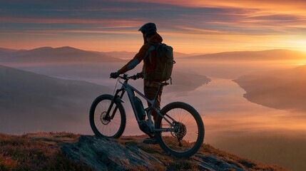 Obraz premium Electric Mountain Bike Rider Enjoys Sunrise View Over Valley and River Landscape