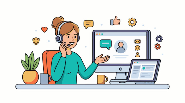 Customer service operator with headset and computer setup