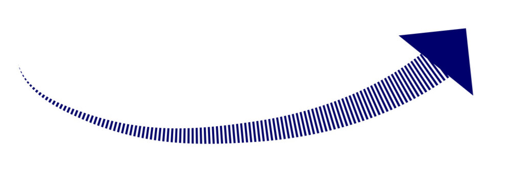 Upward curved dark blue arrow with vertical stripes on a white background