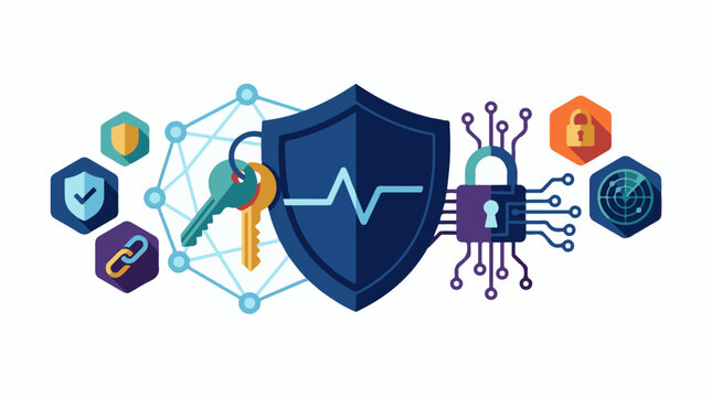 Cybersecurity concept with shield lock keys and network connections.