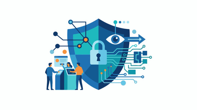 Cybersecurity concept with shield lock and eye symbol.