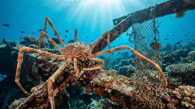 Giant spider crab on shipwreck surrounded by vibrant marine life