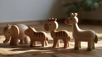 Obraz premium Four simple wooden animal figures including elephant zebra horse and giraffe standing side by side on a light wood floor