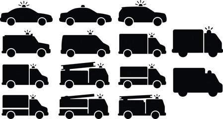 Emergency Vehicle Icon Set Featuring Police Cars, Fire Trucks, and Ambulance Silhouettes for Public Safety, Transportation, and Rescue Services Design Projects © kanichfatima