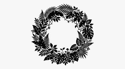 Black and white tropical leaf wreath illustration. © Dersa