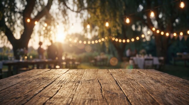 Weathered wooden table surface foregrounding a garden party. Warm sunset glow illuminating string lights in background.