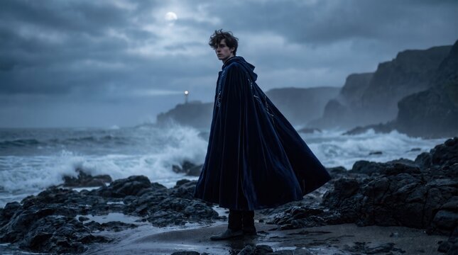 Young man wearing velvet cape standing on rocky coast. Stormy sea with distant lighthouse under moody moonlight.
