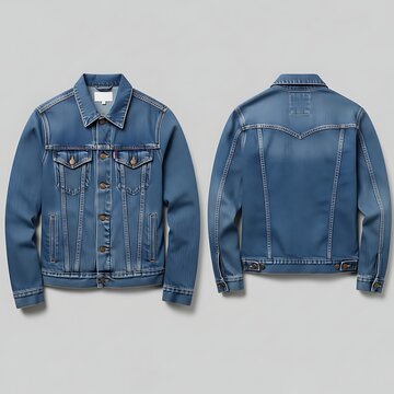 Blue Denim Jacket Front and Back Views Displayed on Gray Background
