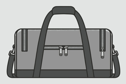 Modern gray duffle bag with black straps and zipper details illustrated in a simple vector style.