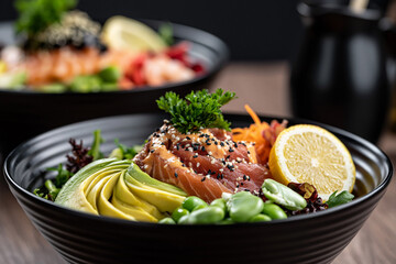Fototapeta na wymiar Salmon veggie sushi bowl at restaurant