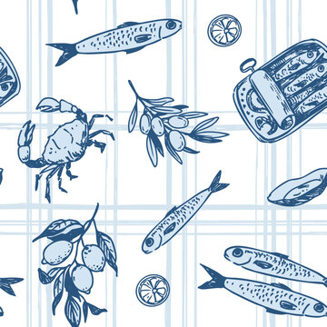 Mediterranean seamless pattern,  hand drawn vector object, food,  sardines, lemons, seascapes