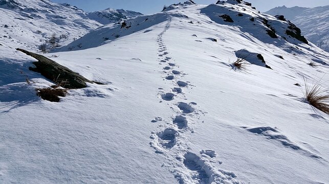 Snow Covered Mountain Trail With Footprints Leading Away Through the Snow Near Tall Mountains and Clear Blue Sky