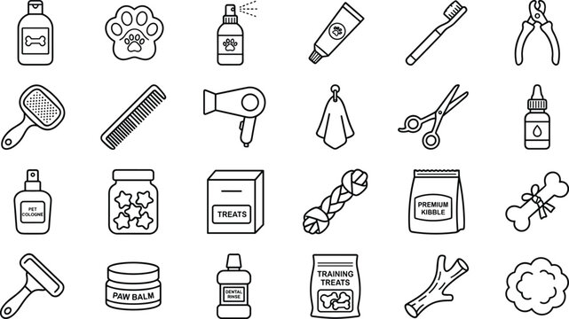 Pet Grooming and Care Line Icon Set with Dog Hygiene, Accessories and Veterinary Product Symbols Collection