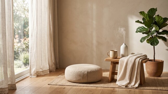 Cozy Scandinavian-inspired living room with a large fiddle leaf fig plant and soft textiles