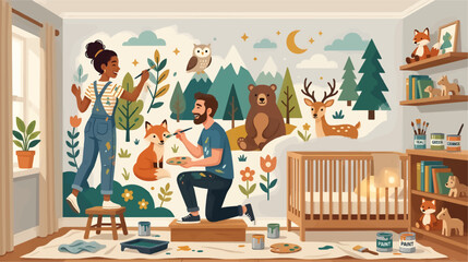 Couple Painting Woodland Mural in Nursery with Animals, Moon and Stars, Flat Vector Illustration © Rengga Entertainment