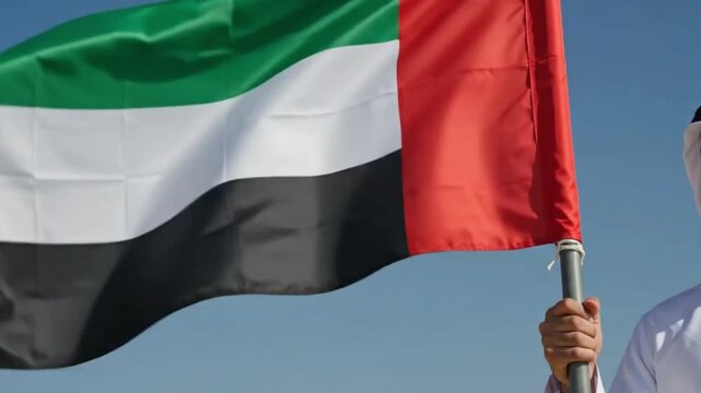 Portrait of a young emirati man wearing a traditional kandura and ghutra with the united arab emirates flag in the background