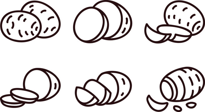 Illustration of various sliced potatoes in different views and arrangements for cooking or recipe concepts