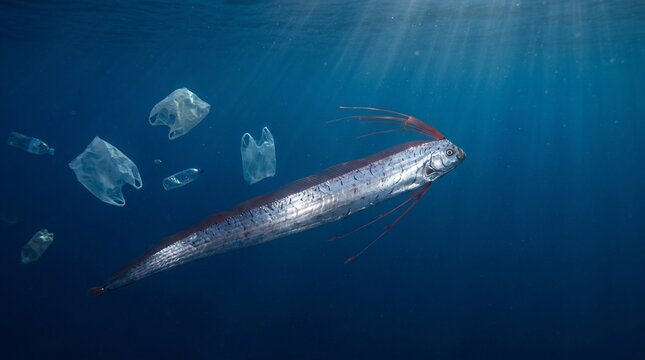 Oarfish swimming underwater surrounded by plastic pollution in ocean