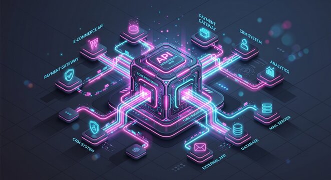 An api integration hub Visualized as a glowing central processor with connecting light bridges