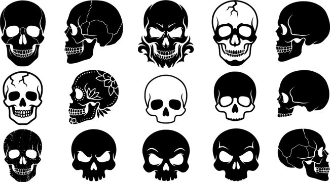 Set of human skull black silhouettes in various styles, front and side views, isolated on white background, graphic illustration. Concept of anatomy, gothic symbol, tattoo, halloween design elements 