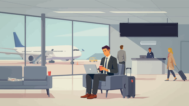 Businessman using laptop in airport terminal with view of aircraft on tarmac businessman terminal airplane passenger