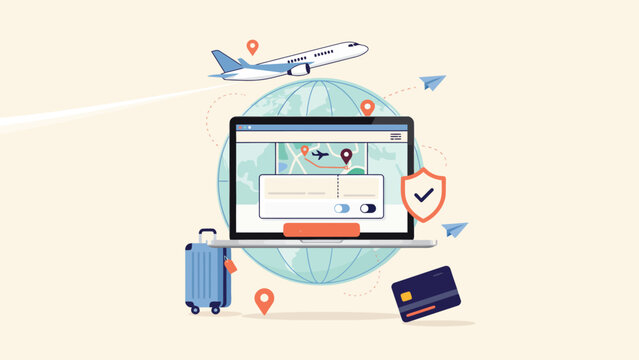 Online travel booking concept with laptop airplane and travel accessories airplane reservation suitcase technology