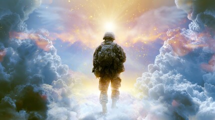 Fototapeta premium Silhouetted figure stands atop swirling clouds