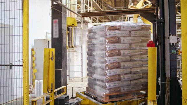 Stacked sacks await compression in industrial wrapping machine