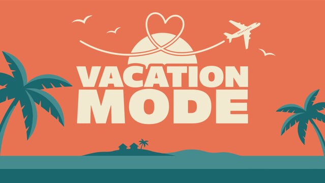 Vacation mode lettering with palm trees and airplane flying around a sunset graphic vacation tropical airplane