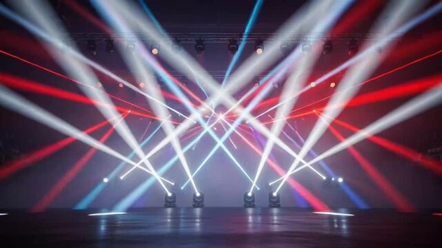 Concert stage lights shining brightly with beams crossing over empty performance area