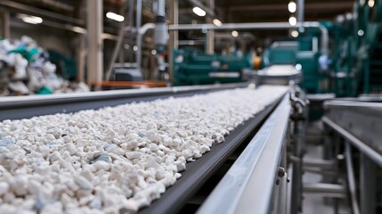 Fototapeta premium A long conveyor belt carries white and blue plastic pellets through an industrial recycling facility with hinery in background