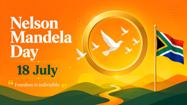 A vibrant graphic celebrating Nelson Mandela Day on July 18th, featuring the South African flag, flying white doves, and the quote Freedom is indivisible.