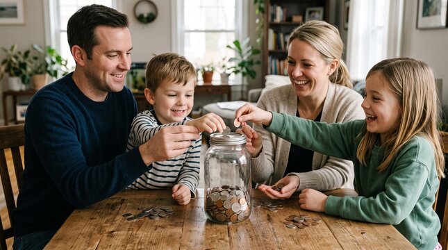 Happy family saving coins in a jar together at a wooden table learning financial responsibility