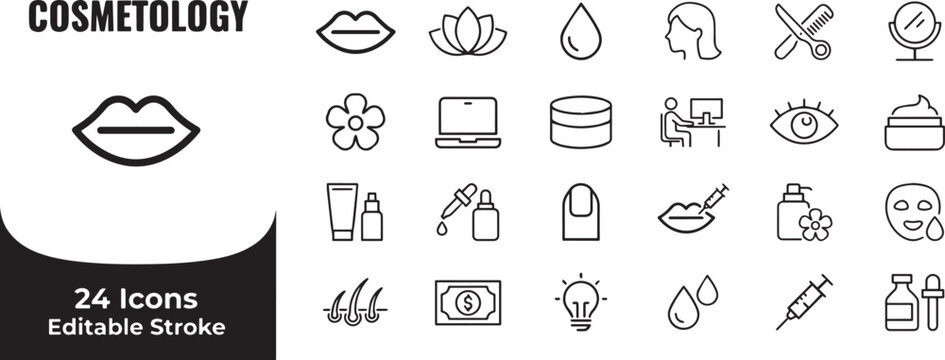 Cosmetology and beauty salon line icon set for facial treatment skin care and aesthetic procedures with cosmetology skincare aesthetic treatment dermatology