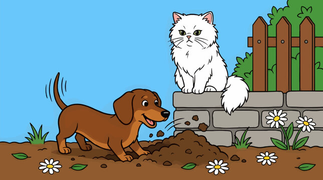Happy Dachshund Puppy Digging in Dirt, White Persian Cat Sitting on Brick Wall, Garden Scene with Daisies and Fence, Flat Vector Illustration