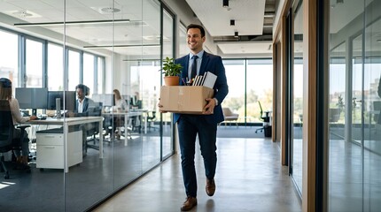 Obraz premium Smiling professional man carrying a box leaving office after resignation