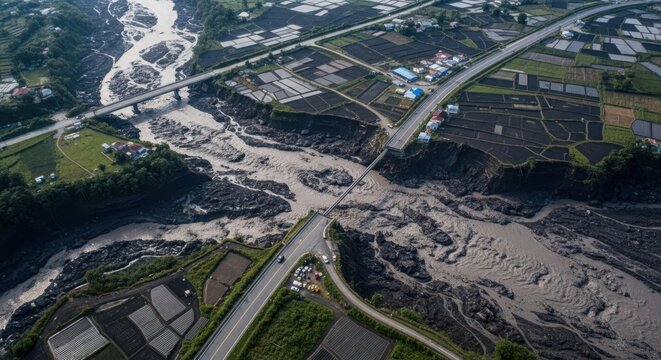 Aerial view of a catastrophic volcanic mudflow carving a devastating path through agricultural land and bridges