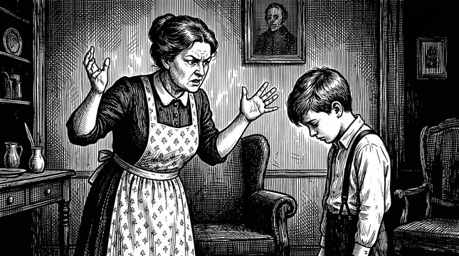 Mother Yelling at Son in Vintage Illustration