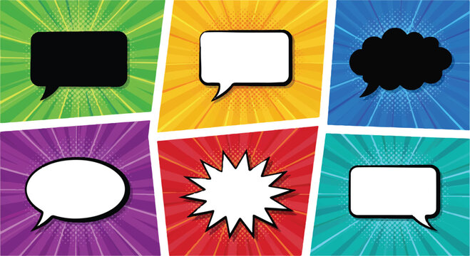 Multicolor comic style layout with various empty speech balloons and radial lines dialogue multicolor background template communication illustration
