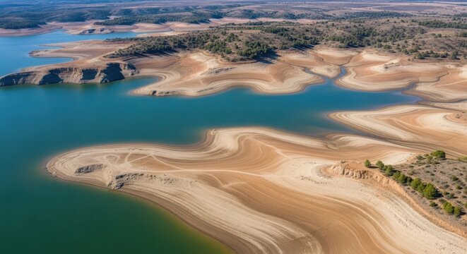 Aerial view of a drastically receded reservoir shoreline, showcasing severe drought impact on the arid landscape