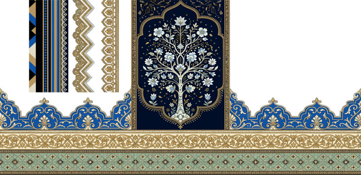 Luxury Navy Blue and Gold Oriental Floral Motif Vector Set with Intricate Tree of Life Arched Panel and Traditional Islamic Border Patterns for Textile Designs