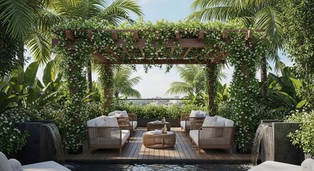 Fototapeta premium Luxury Rooftop Terrace with Pergola, Pool, and Lush Tropical Garden